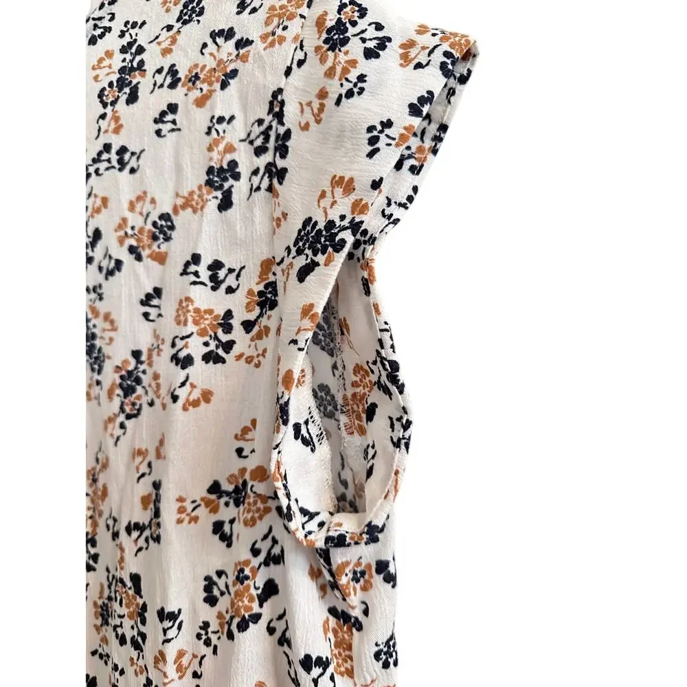 Liz Claiborne Petite Lrg Floral Blouse Cream Tan Navy Abstract‎ Print Cap Sleeve - Picture 3 of 8